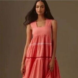 Anthropologie Helena square-neck tiered midi dress: smocked scallop, coral 3x